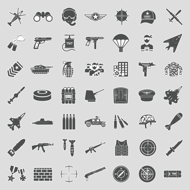 ilustraciones, imágenes clip art, dibujos animados e iconos de stock de iconos de guerra. diseño de pegatinas. ilustración vectorial. - computer icon symbol knife terrorism