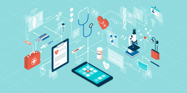 Telemedicine and online healthcare services Telemedicine, medical treatment and online healthcare services, isometric network of concepts medical clinic illustrations stock illustrations
