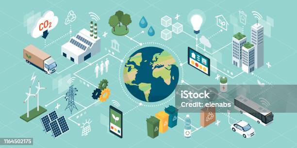 Tecnologie Verdi Innovative Sistemi Intelligenti E Riciclaggio - Immagini vettoriali stock e altre immagini di Assonometria