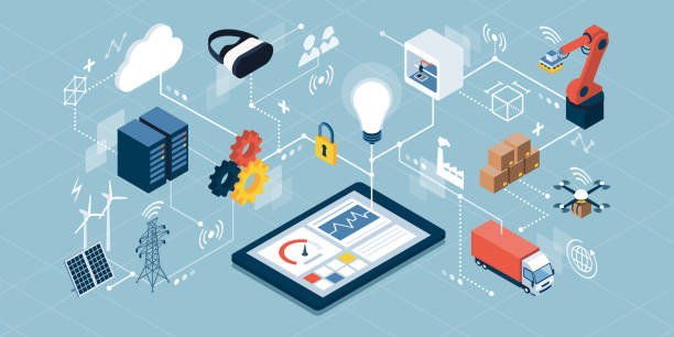 ilustrações de stock, clip art, desenhos animados e ícones de industrial internet of things and innovative manufacturing - distribution warehouse illustrations