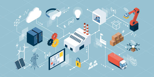 Industrial internet of things and innovative manufacturing Industrial internet of things, innovative manufacturing and smart industry: isometric network of concepts manufacturing stock illustrations