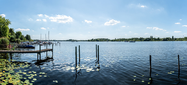 panoramic shot of Havel River near Heiligensee, Berlin on sunny summer day