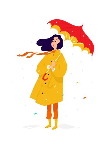 Vector illustration of Illustration of a sad girl in a yellow raincoat. Vector. A woman under an umbrella in rainy weather is sad and sad. Depression and Meloncholia. Rainy autumn day.