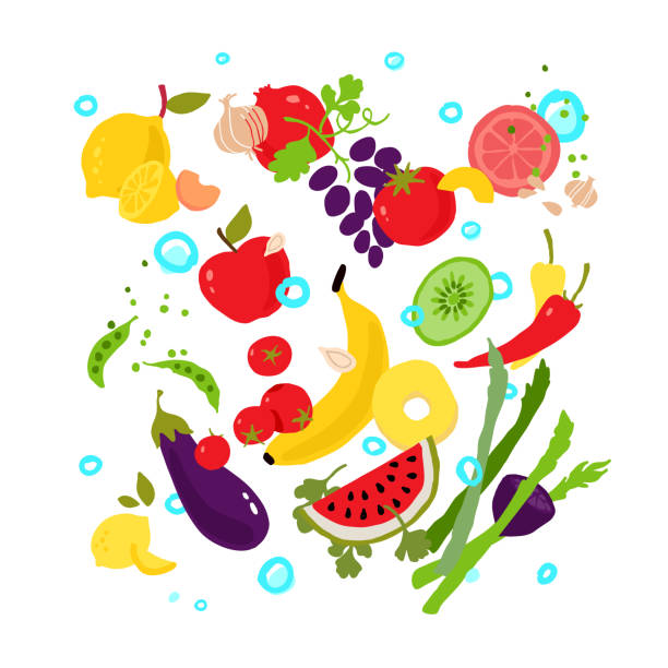 istock Illustrations of vegetables and fruits. Vector. Pattern from eco products. Icons for a menu of smoothies bar or vegetarian cafe. Flat style, all elements are isolated on a white background. 1164504639