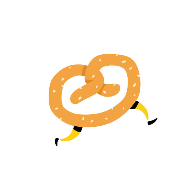 ilustrações, clipart, desenhos animados e ícones de ilustração de um bagel running. correndo pretzels. vetor. caráter crunchy com pés. ícone para o site. assine, logotipo para a loja. entrega de produtos frescos da padaria. pretsel salgado. - pretsel