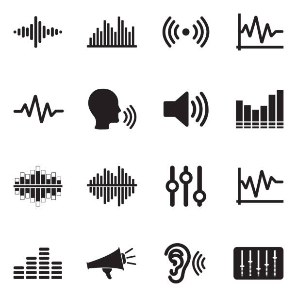 ilustraciones, imágenes clip art, dibujos animados e iconos de stock de iconos de sonido y volumen. diseño plano negro. ilustración vectorial. - wave pattern audio