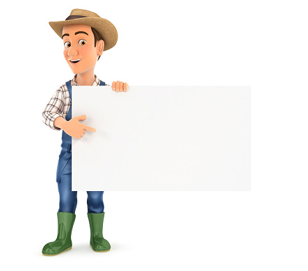 3d farmer pointing empty board, illustration with isolated white background