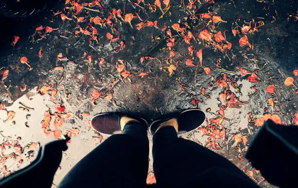 Top view of woman feet in black clothes stand outdoor yard with orange petals fall in raining day