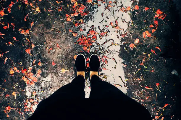 Top view of woman feet in black clothes stand outdoor yard with orange petals fall in raining day