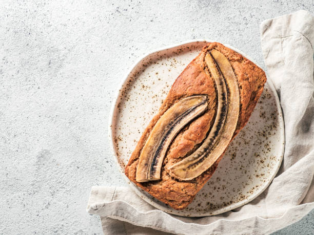 Low-fat banana bread, copy space, top view