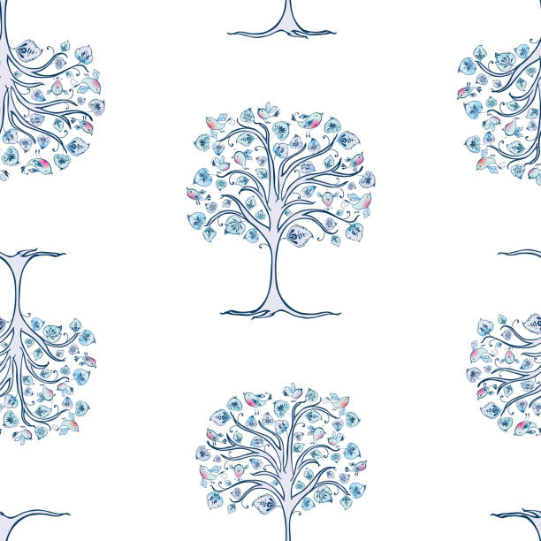 불핀치 장식 냉동 나무의 원활한 패턴 - frozen leaf cold white background stock illustrations