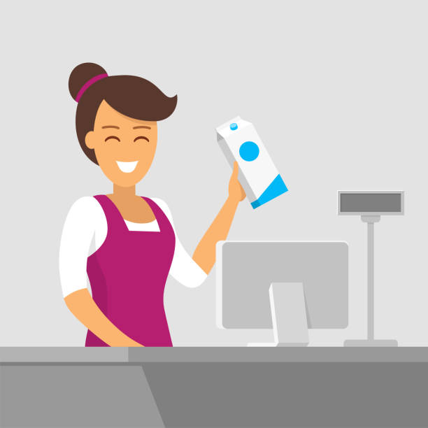 Smiling cashier at the checkout. Buying groceries in the store. Vector illustration of a flat style. Payment of purchases at the grocery store. Smiling cashier at the checkout. Buying groceries in the store. Vector illustration of a flat style. Payment of purchases at the grocery store. EPS10 grocery store cashier stock illustrations