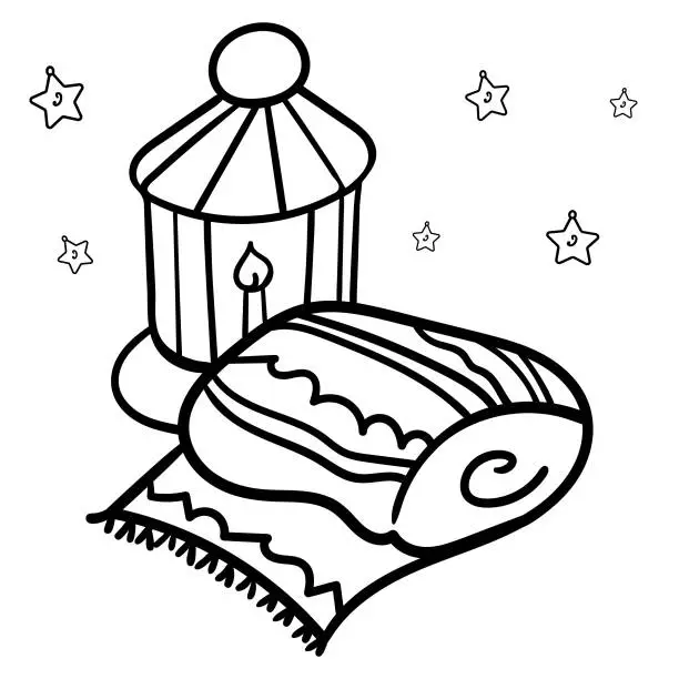 Vector illustration of Coloring page or book Starlight Night. Coziness and comfort. Image of lamps and blankets on the background of stars. - Vector.