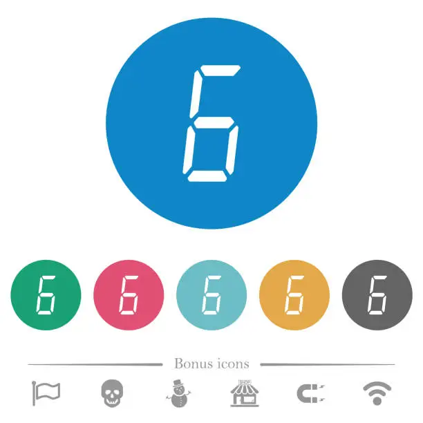 Vector illustration of digital number six of seven segment type flat round icons