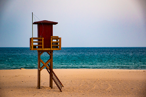 lifeguard house on the beaches of Bolonia in Spain on an empty summer day