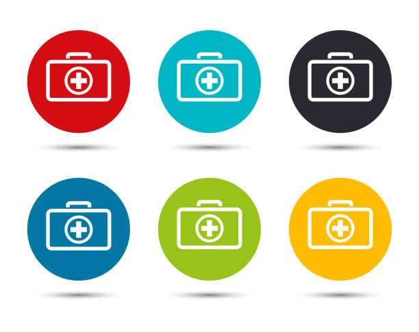 First aid kit icon flat round button set illustration design First aid kit icon flat round button set illustration design isolated on white background doctors bag stock illustrations