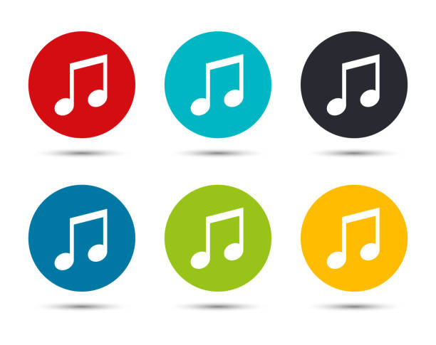 ilustraciones, imágenes clip art, dibujos animados e iconos de stock de icono de nota musical plano botón redondo set de ilustración diseño - orange white audio