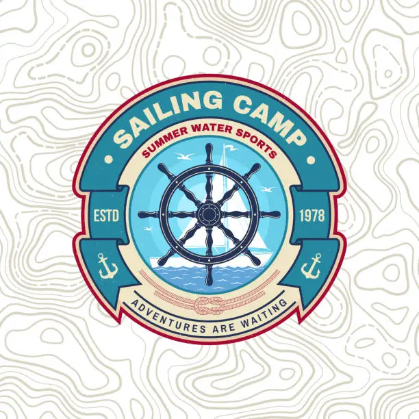 Vector illustration of Sailing camp badge. Vector. Concept for shirt, print, stamp or tee. Vintage typography design with black sea anchor , steering hand wheel ship and rope knot silhouette. Ocean adventure.