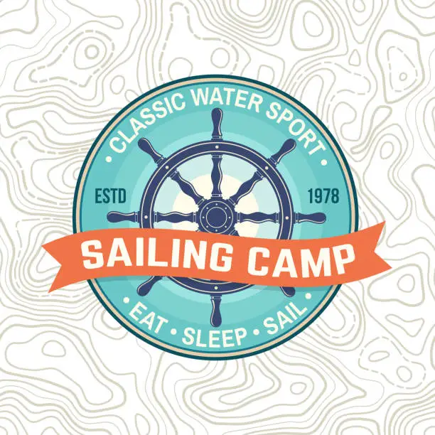 Vector illustration of Yacht club patch. Vector. Concept for shirt, print, stamp or tee. Vintage typography design with steering hand wheel ship and ribbon silhouette. Ocean adventure. Classic water sport.