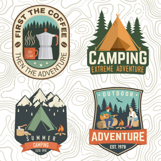 ilustrações de stock, clip art, desenhos animados e ícones de set of summer camp patches. vector. concept print, stamp, apparel or tee. vintage design with coffee maker, campin tent, axe, mountain, campfire and forest silhouette - camping campfire boy scout girl scout