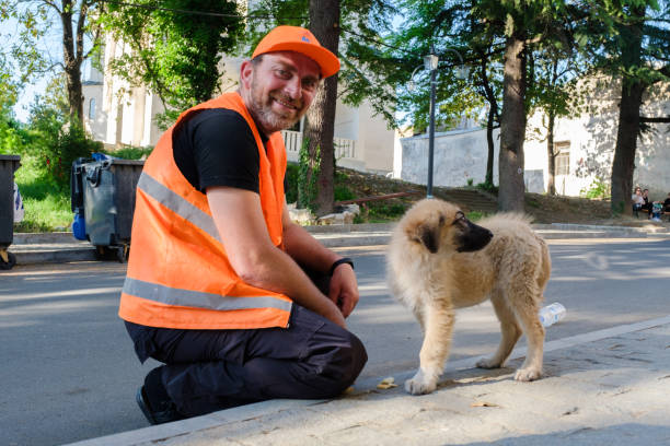грузинский дворник кормит бродячую собаку на городской улице в кутаиси. - kutaisi стоковые фото и изображения