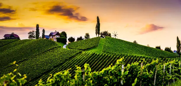 Austria, south styria travel destination. Tourist spot for vine lovers. Sunset landscape