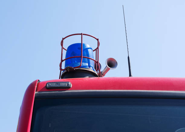 istock Flashing blue lights on a fire truck. 1164529202