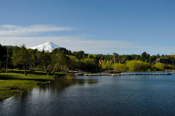 View of Villarica volcano from the lake