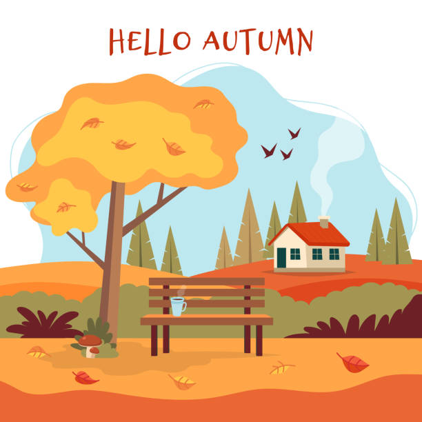 stockillustraties, clipart, cartoons en iconen met herfst landschap met leuke bankje, koffie kopje, gele boom, schattig huis, gele velden en natuur. schattig belettering. vector illustratie in platte stijl - herfst nederland