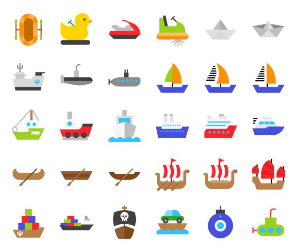 watercraft-symbol-set, flachen stil vektor-illustration - pedal boat stock-grafiken, -clipart, -cartoons und -symbole