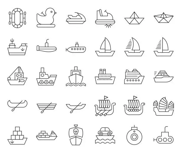 Vector illustration of Watercraft vector set, line style icon editable outline