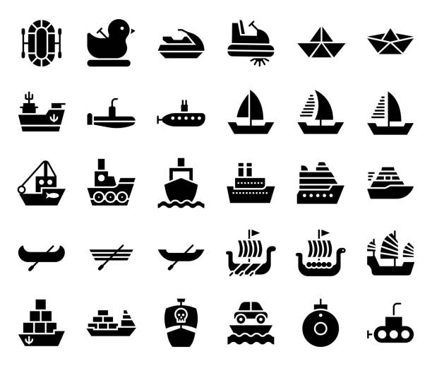 watercraft-symbol-set, soliden stil vektor-illustration - pedal boat stock-grafiken, -clipart, -cartoons und -symbole