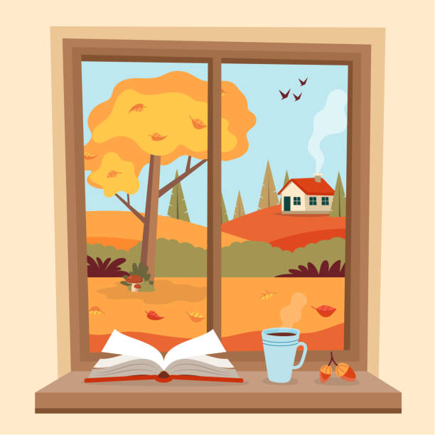 stockillustraties, clipart, cartoons en iconen met herfst raam met landelijk uitzicht, een boek en een koffiekop op de sill. leuke gezellige vector illustratie in platte stijl - herfst nederland
