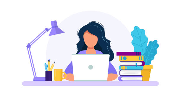노트북, 공부 또는 작업 개념을 가진 여자. 책, 램프, 커피 컵 테이블입니다. 플랫 스타일의 벡터 일러스트레이션 - laptop and books stock illustrations