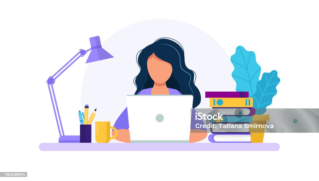 Woman with laptop, studying or working concept. Table with books, lamp, coffee cup. Vector illustration in flat style Vector illustration in flat style Learning stock vector
