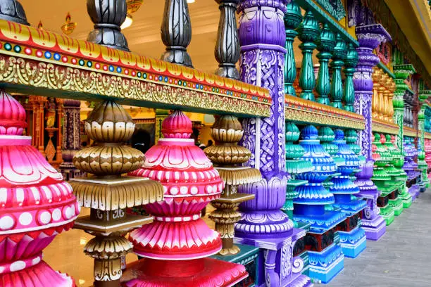 Image of Colorful pillars at a Hindu temple in Batu Caves, Malaysia