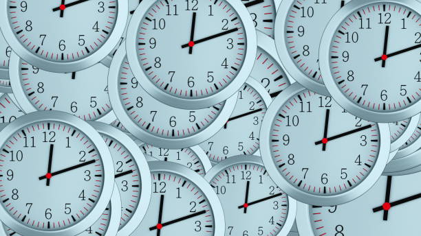 istock Many 3d simple clocks with hour, second and minute arrows, computer generated modern business backdrop 1164541028