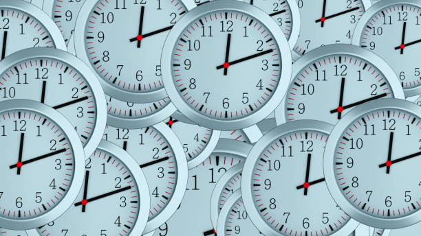 istock Many 3d simple clocks with hour, second and minute arrows, computer generated modern business backdrop 1164541035