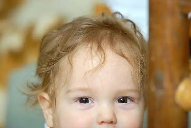 cheerful baby-boy, 8 months old, with brown eyes and brown-golden hair. Close-up on eyes and hair.