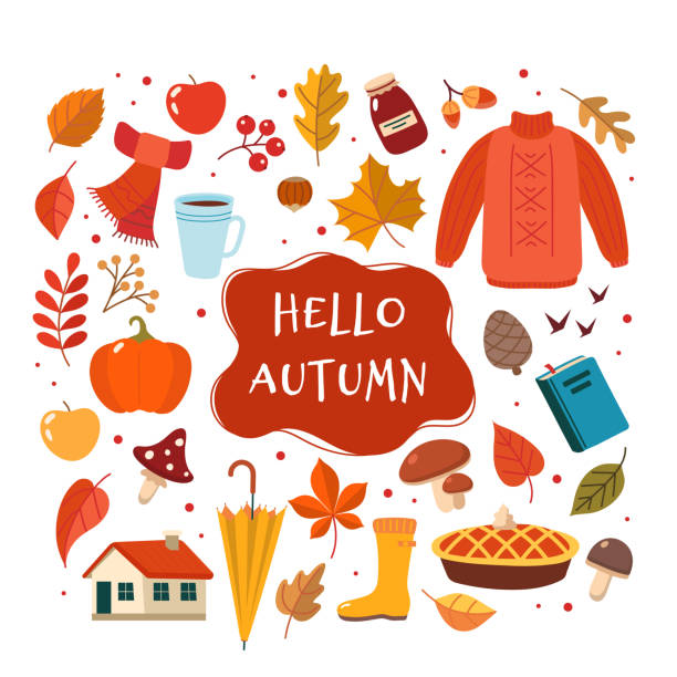 herbst handgezeichnete elemente sammlung mit schriftzug. nette vektor-illustration im flachen stil - autumn collection stock-grafiken, -clipart, -cartoons und -symbole