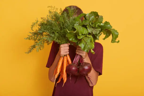 Studio shot of slim man, vegetarian or vegan,dressed casual burgunde t shirt, hiding behinds green tops of vegetables, makes fun before preparing dinner. Healthy eating and raw food eating concept.