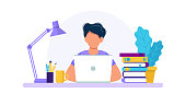 istock Man with laptop, studying or working concept. Table with books, lamp, coffee cup. Vector illustration in flat style 1164543414
