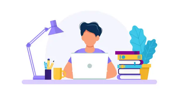 Vector illustration of Man with laptop, studying or working concept. Table with books, lamp, coffee cup. Vector illustration in flat style