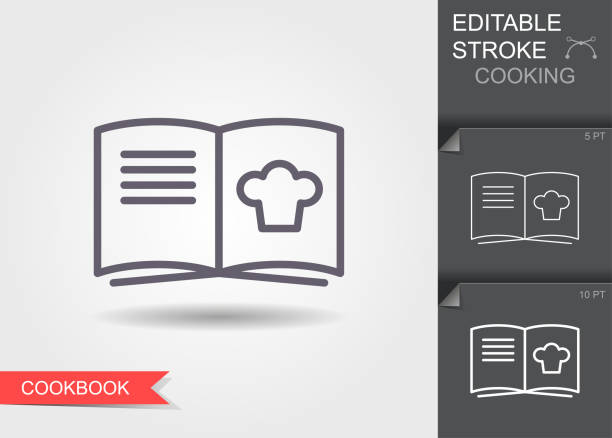 Cooking book. Outline icon with editable stroke. Linear symbol of the kitchen and cooking with shadow Cooking book. Outline icon with editable stroke. Linear symbol of the kitchen and cooking with shadow recipe stock illustrations