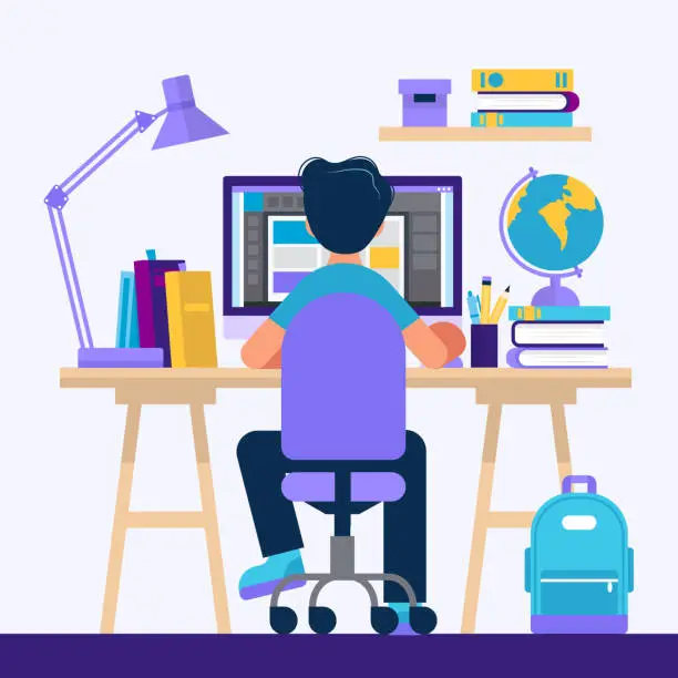 Vector illustration of Boy sitting at the desk, learning with computer. Concept illustration for online learning, education, office work, school or university. Vector illustration in flat style
