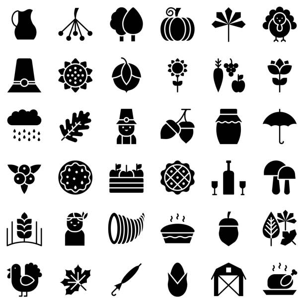 thanksgiving related icon set in design. such as turkey, pumpkin pie, autumn leaves, acorn, pillgrim, berries,honey and farming product. solid style thanksgiving related icon set in design. such as turkey, pumpkin pie, autumn leaves, acorn, pillgrim, berries,honey and farming product. solid design thanksgiving holiday icons stock illustrations