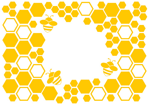 Honey background, yellow frame with honeycomb and bee, space for your text. Vector illustration