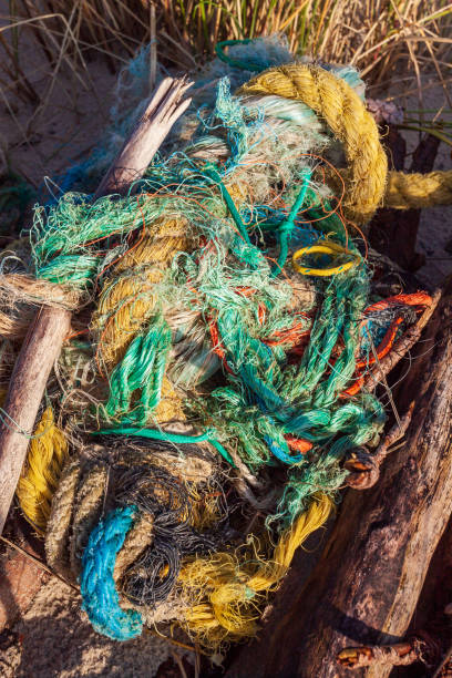 Plastic waste - brought back by the sea 99 Colorful ball of dozens of old ropes and lines washed ashore by the sea amrum stock pictures, royalty-free photos & images