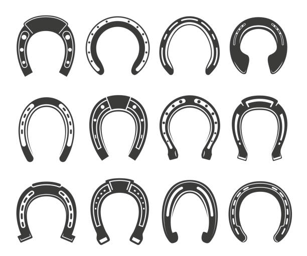 illustrazioni stock, clip art, cartoni animati e icone di tendenza di set di icone a ferro di cavallo, simbolo di fortuna e fortuna - horseshoe