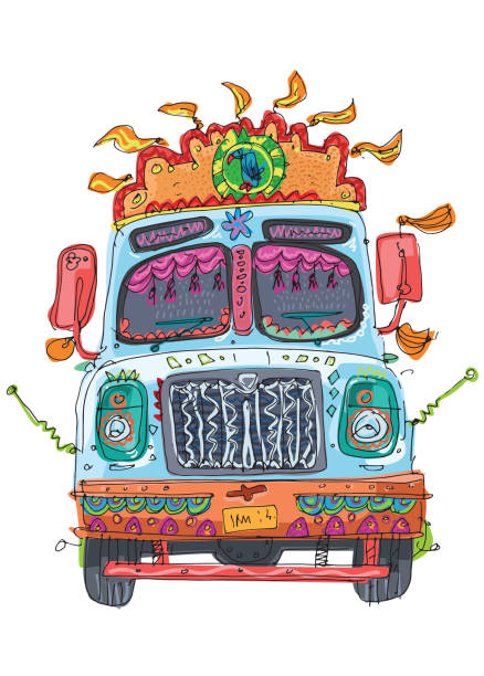 An indian brightly decorated truck. A cute vintage indian brightly decorated truck. Cartoon. Caricature. traditional culture vector car engine stock illustrations
